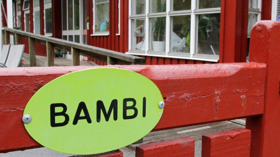 En röd grind med en grön skylt som har texten Bambi.