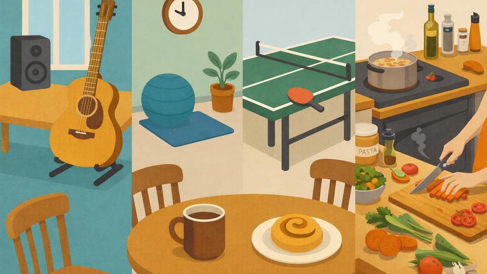 Illustration av en träfflokal med matlagning, musik, träning och pingis. Kaffe och bulle står på bordet.