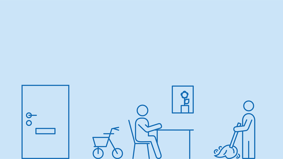 En illustration som visar en person som sitter vid ett bort och en annan person som städar.